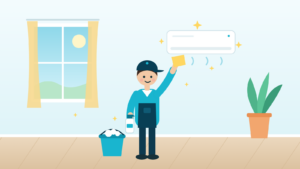 エアコンを掃除するクリーンエキスパートのスタッフのイラスト