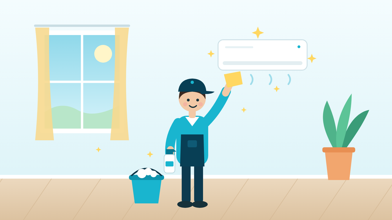 エアコンを掃除するクリーンエキスパートのスタッフのイラスト